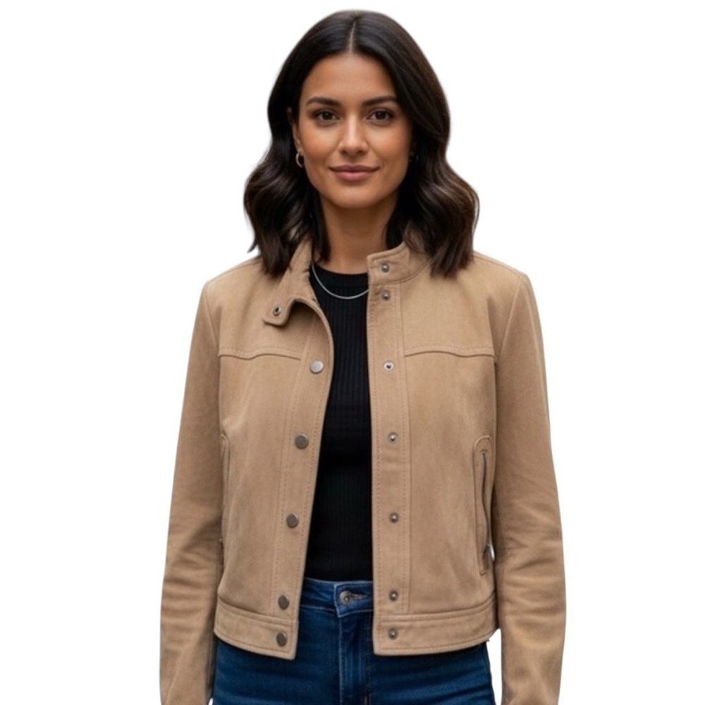 BCBGMAXAZRIA Tan Leather Moto Jacket Women’s Size M | Suede Finish